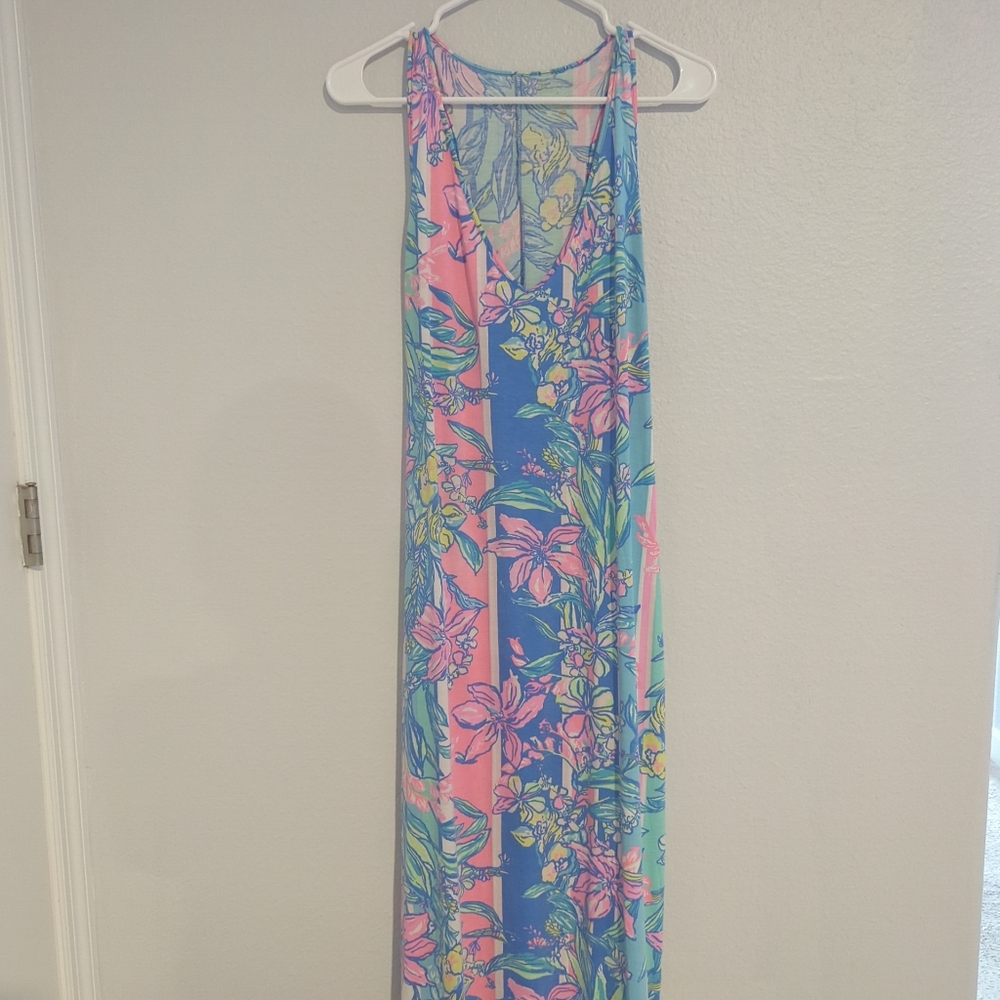 Lilly Pulitzer Maxi Dress Sundress Tank Casual Blue Pink Floral Size Large